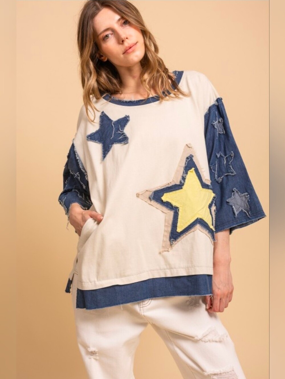 NEW!! Blue Velvet Star Appliqué Colorblock Pullover Top-Cream & Navy, Sz XL, NWT